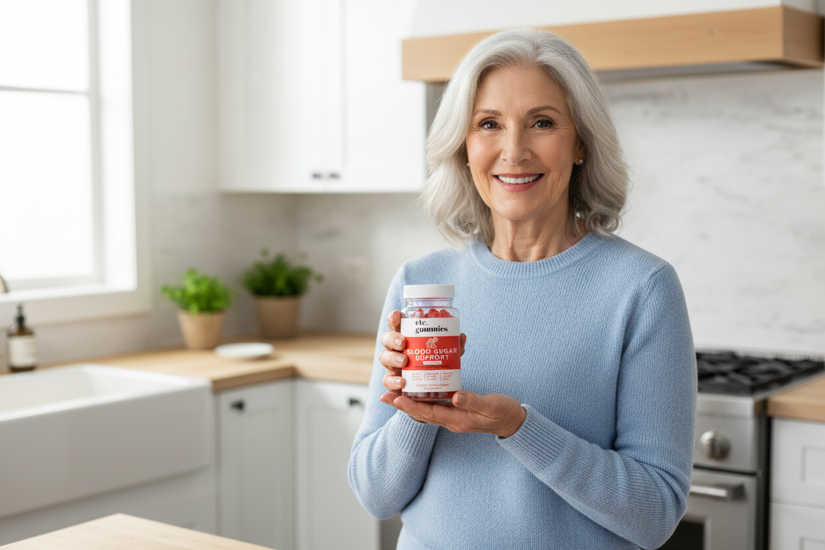 Older person holding Glucovate gummies bottle in kitchen