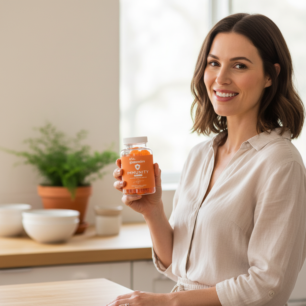 Person holding immunity gummies - natural size